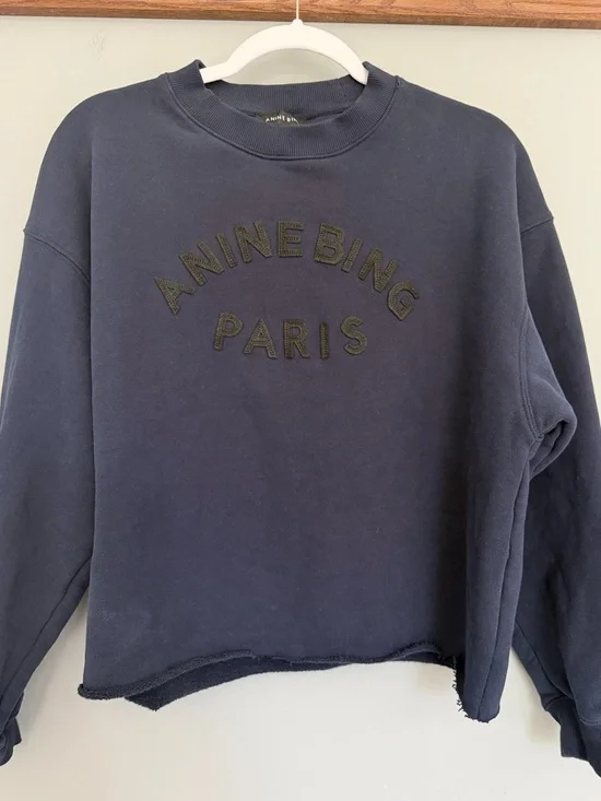 Anine Bing "Jaci" Washed Navy Black Paris Lettering Cotton Sweatshirt *Altered* - Picture 3 of 17